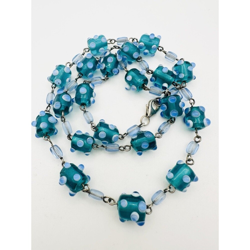 925 Sterling Silver Polka Dot Lamp work Bead Necklace 21”